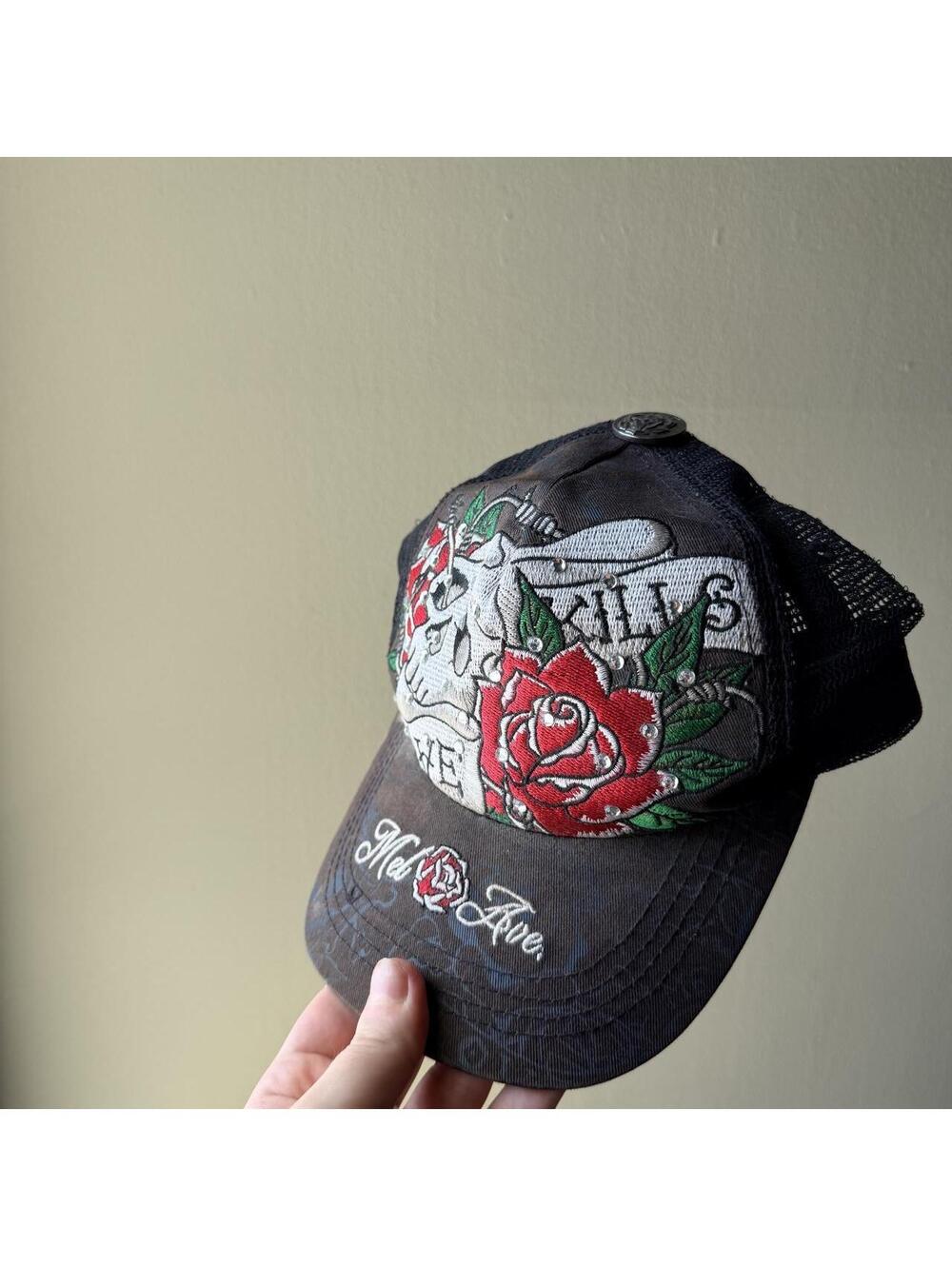 Mel Love Y2K Tattoo Rose Rhinestone Mesh Trucker Hat 🥀✨